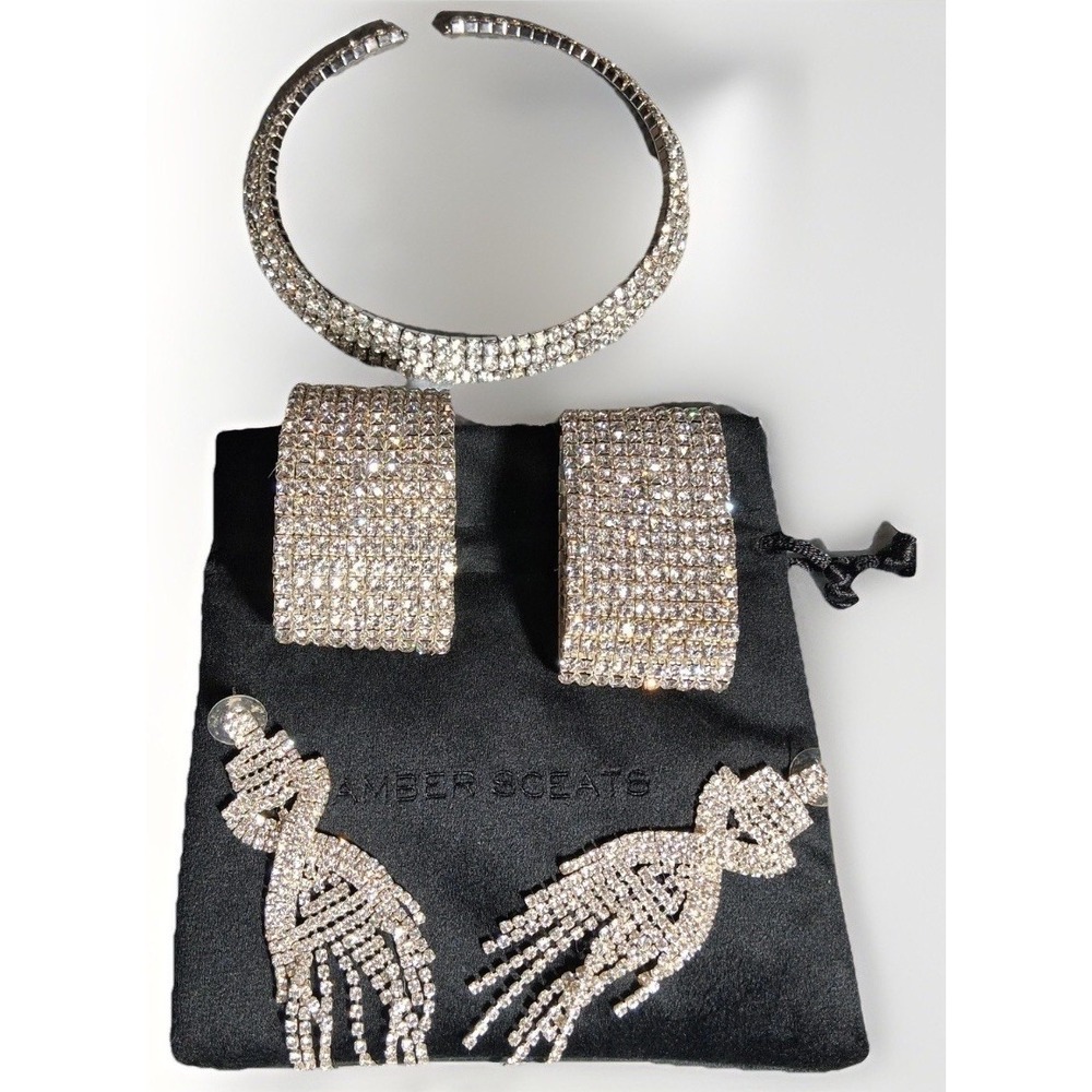 Amber Sceats Rhinestone Jewelry Set Choker Wide Cuff Fringe Earrings Silver Tone